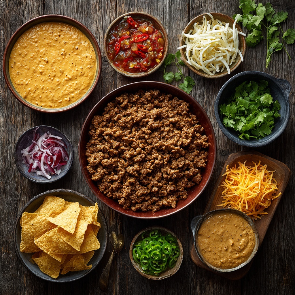 Two side-by-side photos show ground meat cooking in a black cast iron skillet on a white marbled surface. The left photo shows the raw ground meat topped with different powders and spices in white, light brown, dark brown, and red colors, scattered over the meat. A wooden spatula rests on the right side of the skillet. The right photo shows the meat fully cooked, turning brown and crumbly with a more even color, and the wooden spatula is again on the right side, resting on the cooked meat. Photo taken with an iphone --ar 4:5 --v 7