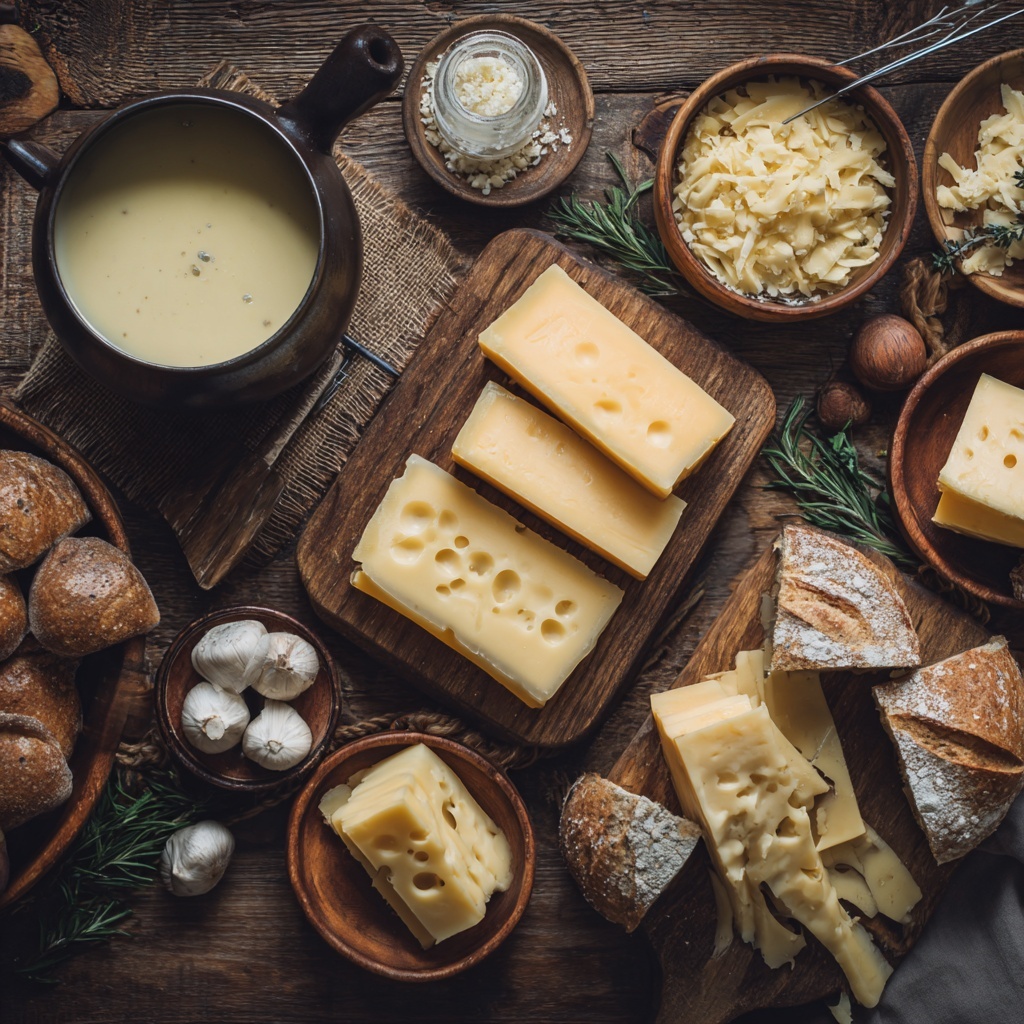 A round silver metal fondue pot sits on a stand in the middle of a large white metal tray filled with colorful food. Inside the fondue pot is smooth, melted pale yellow cheese. A metal fondue fork held by a woman's hand lifts one piece of browned bread dipped in the cheese, with the cheese stretching and dripping back into the pot. Around the fondue pot, the tray holds steamed green broccoli florets, orange carrot sticks, sliced red sausages, and small roasted golden and dark brown potatoes. In the top right corner, there is a small white bowl filled with cubed bread. The whole scene is set on a white marbled surface. photo taken with an iphone --ar 4:5 --v 7