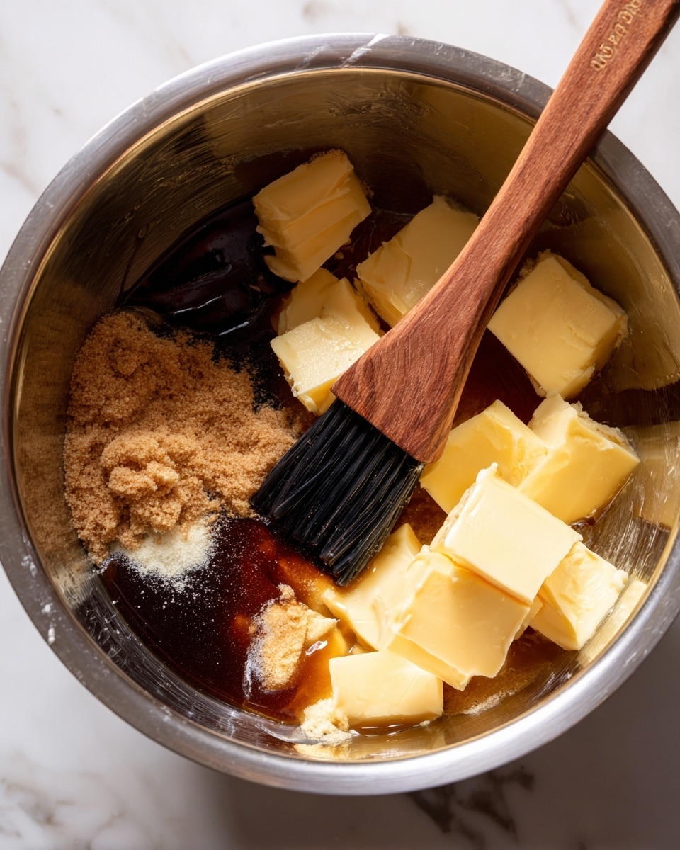 The image shows a close-up of a metal mixing bowl with several ingredients inside, including chunks of pale yellow butter, light brown sugar, and a dark syrupy liquid pooling in the center. There is a wooden spoon with a natural, warm brown texture stirring the mixture, and a black silicone brush with a wooden handle resting on the side of the bowl. The bowl's shiny surface reflects the ingredients, showing the mix of soft textures and wet shiny and grainy dry parts. The background is a white marbled texture. Photo taken with an iphone --ar 4:5 --v 7