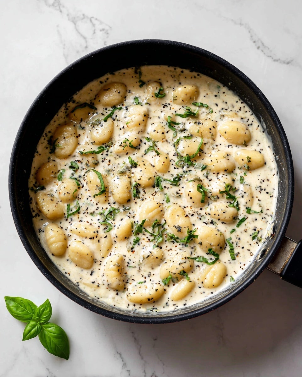 A black pan filled with two layers: the bottom layer is a creamy white sauce with black greenish herb specks floating throughout, and the top layer shows uncooked pale beige gnocchi pieces scattered unevenly, some coated lightly with the sauce. The pan rests on a white marbled surface with a small green basil sprig in the corner. The sauce has a smooth and slightly bubbly texture near the edges. photo taken with an iphone --ar 4:5 --v 7