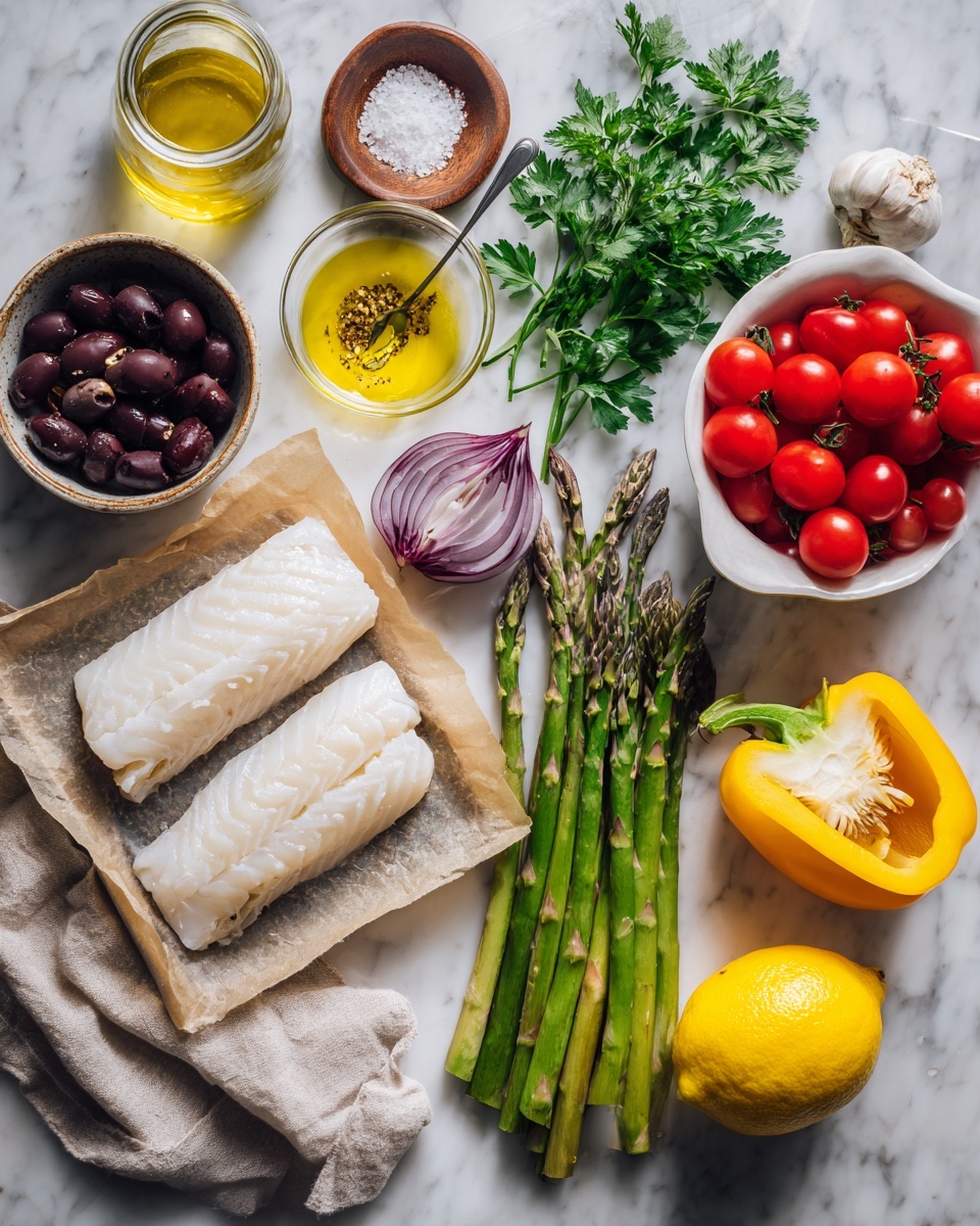 A metal baking tray filled with a colorful mix of fresh vegetables including bright green asparagus cut into small pieces, yellow bell pepper strips, red grape tomatoes, black olives, and sliced red onion. Thin lemon slices are scattered throughout, adding a light yellow contrast. Two woman's hands with silver rings are mixing the vegetables on the tray. The background is a white marbled texture photo taken with an iphone --ar 4:5 --v 7