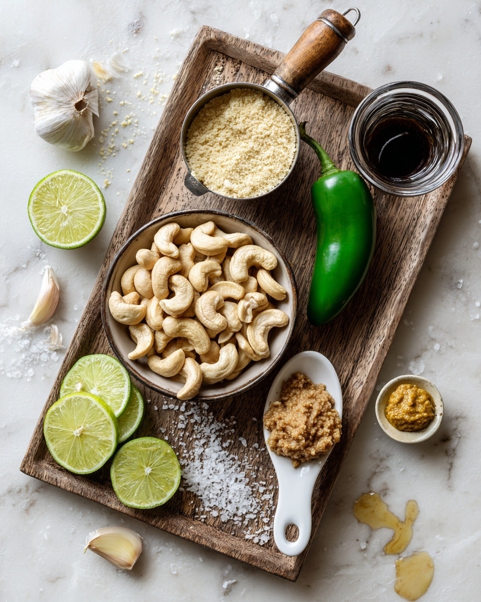 A wooden tray holds a small round bowl filled with pale beige cashew nuts in the center. To the top left of the bowl, a metal measuring cup with a wooden handle is filled with pale yellow flakes. Next to this on the tray's right side is a halved green jalapeño pepper showing its seeds inside. A single clove of peeled garlic sits near the pepper. On the right edge of the tray, a white spoon holds a textured brown paste. Coarse salt is scattered loosely near the spoon and pepper. Surrounding the tray on a white marbled surface are halved and quartered lime pieces with bright yellow-green flesh, a whole green jalapeño, a dollop of mustard-yellow paste, two cloves of garlic, a small glass of water, and a small container of dark liquid with a drop spilled near it. One cashew nut lies outside the bowl on the surface. photo taken with an iphone --ar 4:5 --v 7