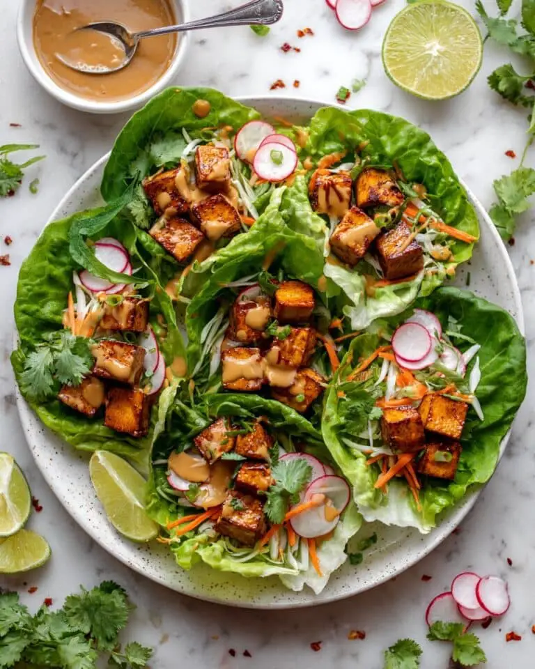 Crispy Baked Tofu Lettuce Wraps with Creamy Peanut Sauce Recipe