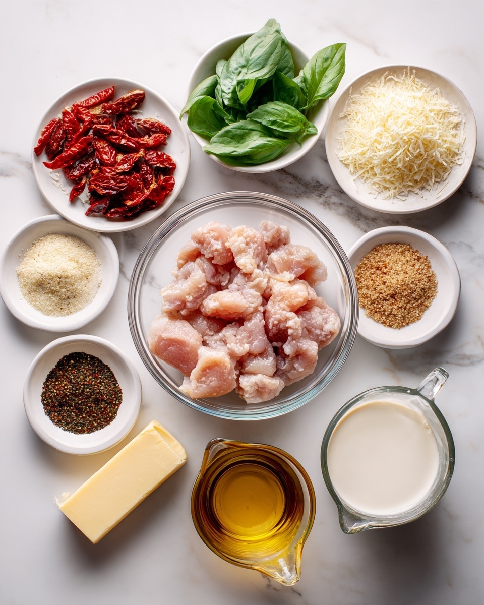 The image shows several ingredients arranged neatly on a white marbled surface. In the center, there is a clear glass bowl with raw pink chicken pieces. Surrounding it, there are small white bowls containing fresh green basil leaves, red sun-dried tomatoes, grated pale yellow cheese, and a brown grainy paste. Two small white plates hold different spice mixtures with red, black, white, and green colors. There is also a stick of butter, a small glass of golden olive oil, a clear glass measuring cup filled with light brown broth, and another measuring cup with white cream. The setup is bright and clean, with each item clearly visible. photo taken with an iphone --ar 4:5 --v 7
