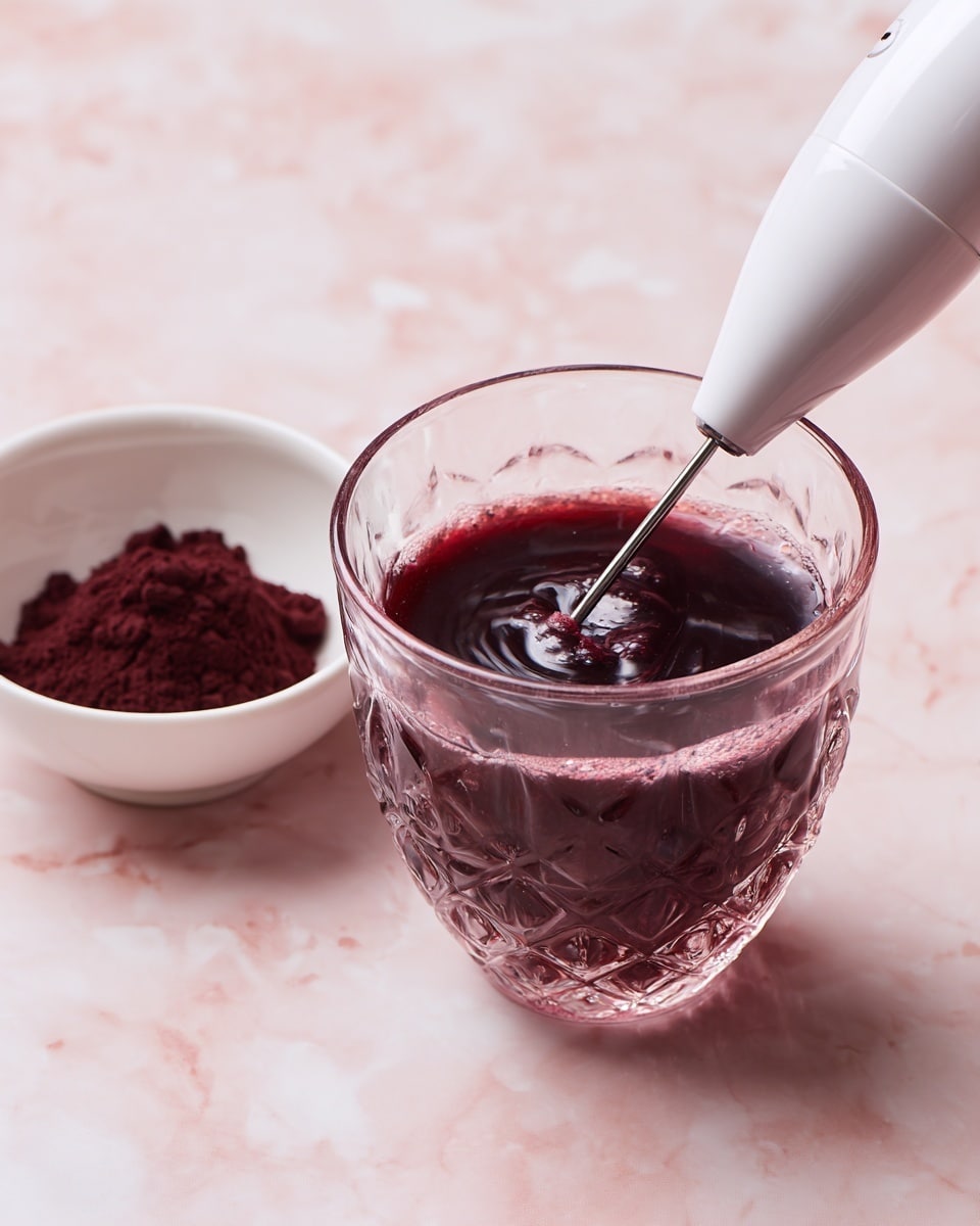 A tall clear glass filled with bright red liquid and several large ice cubes floating on top, along with slices of red strawberries visible inside the drink; a red and white striped paper straw stands upright in the glass. The glass rests on a white marbled surface with a soft white cloth underneath it, while in the background, a small white dish holds whole strawberries, slightly blurred. Photo taken with an iphone --ar 4:5 --v 7