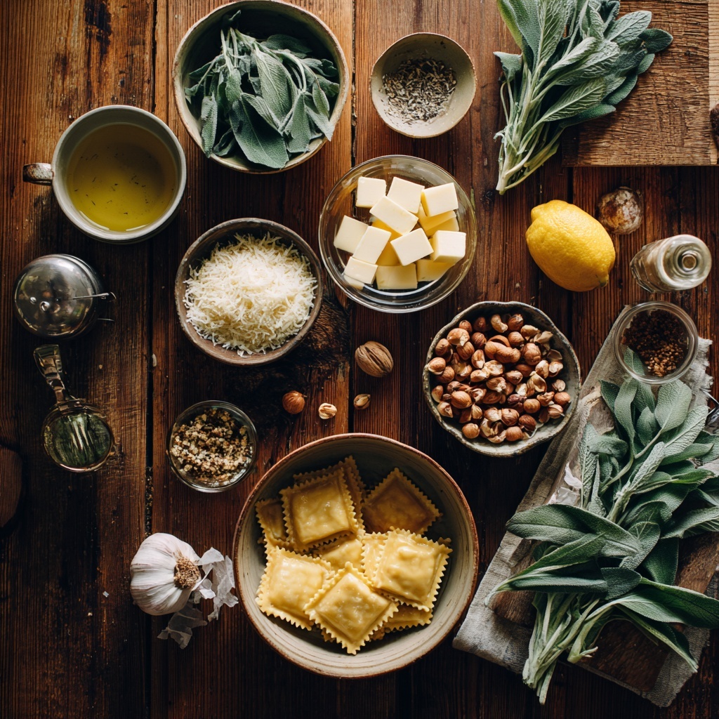 A silver frying pan is on a stove with light golden bubbles of melted butter covering the bottom. On top of the bubbling butter, there are chopped green herbs placed in a small pile to the left and chopped brown nuts placed in a larger pile to the right. The herbs have a fresh rough texture and the nuts are tiny pieces with a crunchy look. The pan's silver color shines under warm kitchen light. The background is a white marbled texture. photo taken with an iphone --ar 4:5 --v 7