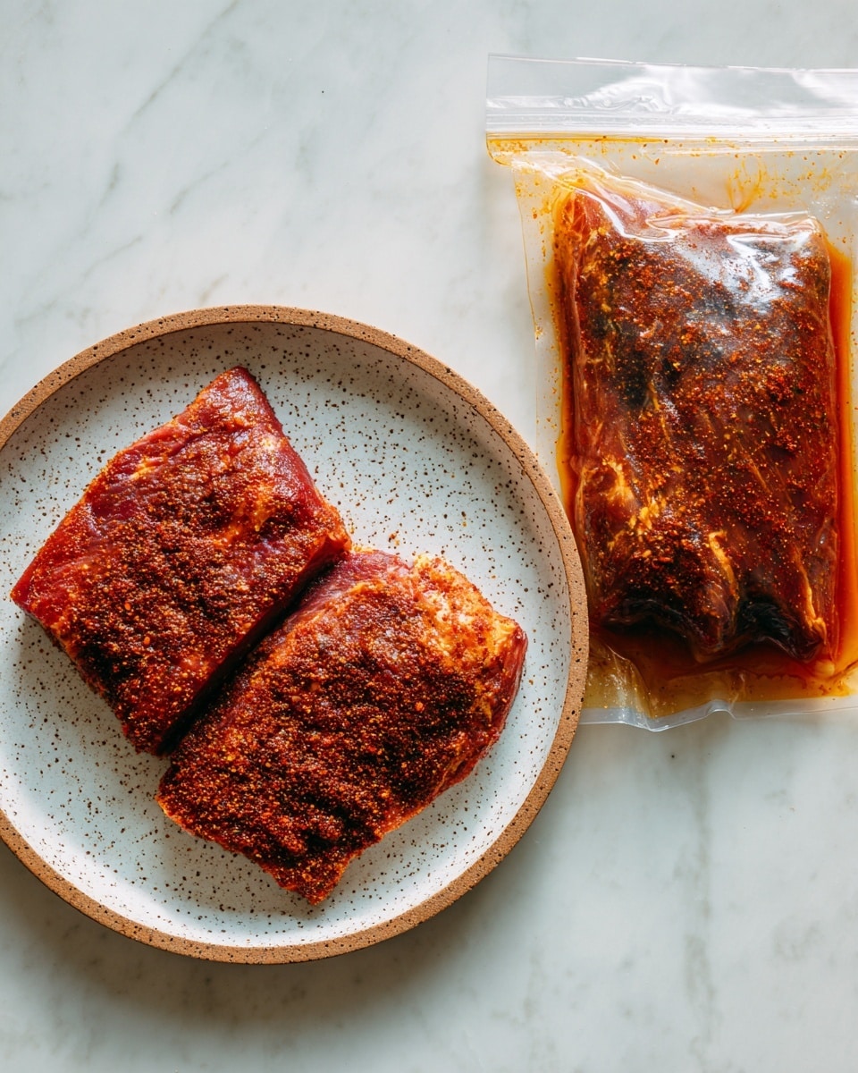 The image shows two parts: on the left side, there is a black pan with a beige handle containing two pieces of cooked meat with a dark brown, slightly charred surface. The meat is shaped irregularly and placed flat inside the pan. On the right side, there is a white plate with six groups of sliced vegetables arranged in a circle. The vegetables include long orange strips at the top, red strips to the right, green strips on the bottom right, purple onion slices on the bottom left, and yellow strips on the top left. Each vegetable group is bright and fresh looking, placed neatly to show contrast with the white plate. Both parts of the image are set on a white marbled surface. Photo taken with an iphone --ar 4:5 --v 7
