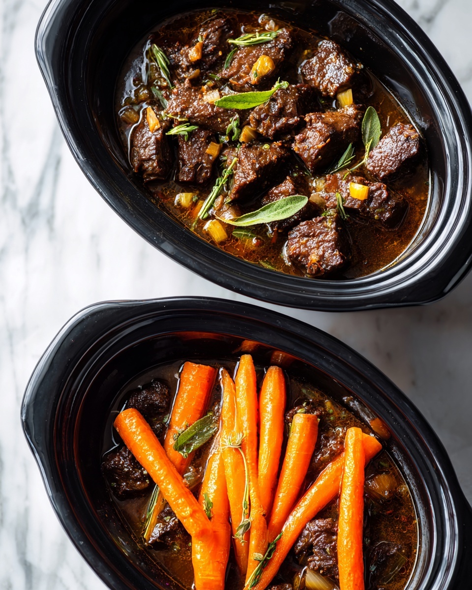 Two oval black slow cooker pots on a white marbled surface hold a simple stew. Inside each pot is one main layer of dark brown, tender meat pieces partially submerged in a thin brown broth, giving a moist texture to the meat. Surrounding the meat are bright orange carrot sticks, arranged mostly along the edges, their smooth, slightly shiny surface contrasting with the meat. One pot shows the carrots fresh and raw, while the other shows cooked carrots, softer and darker. Both pots have a few small herbs or onion pieces among the meat. Photo taken with an iphone --ar 4:5 --v 7