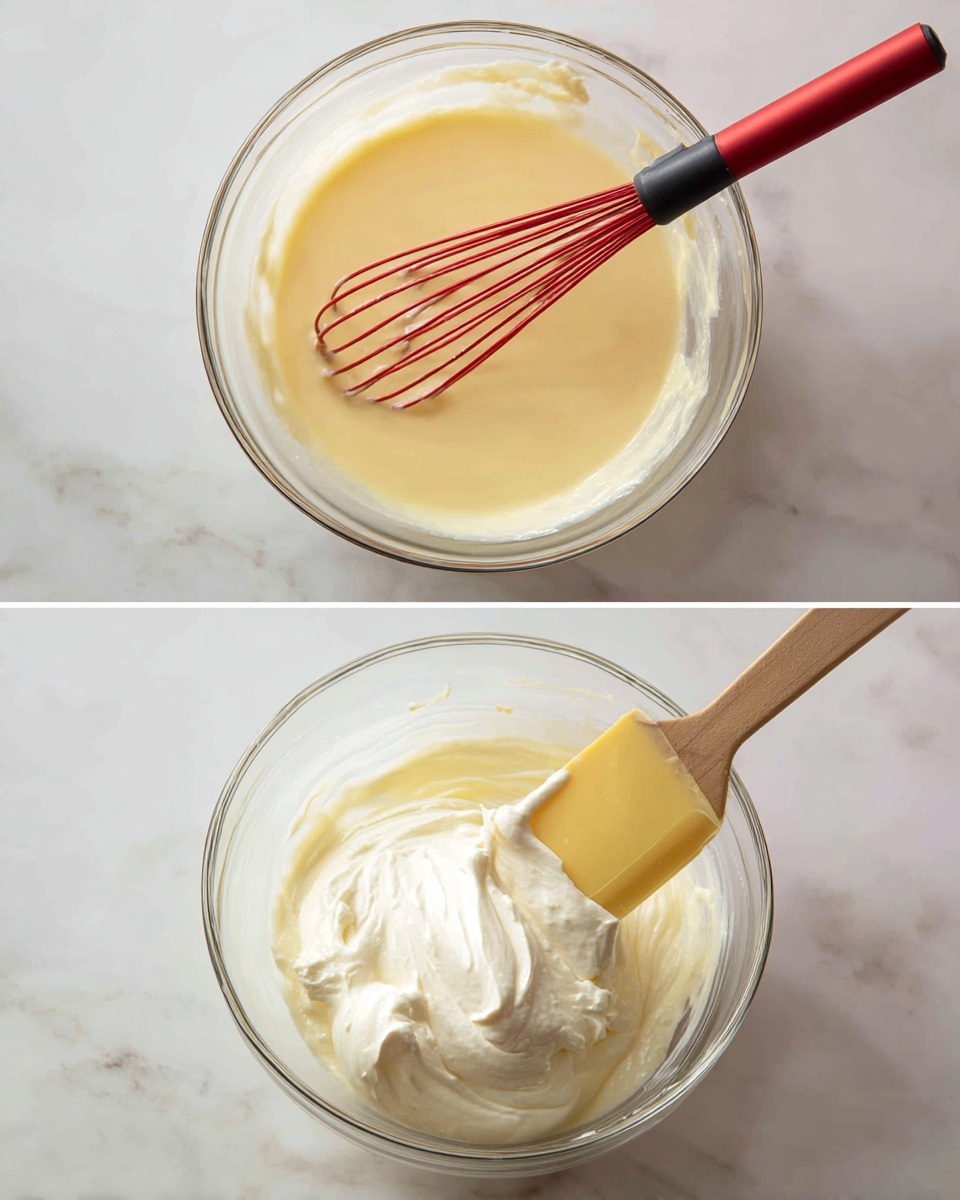 Two images show the process of mixing ingredients in a clear glass bowl placed on a white marbled surface. In the first image, there is a smooth, pale yellow liquid mixture inside the bowl, with a red whisk having a black handle resting inside it. In the second image, the same pale yellow mixture is visible in the bowl but now topped with a large dollop of thick white cream being lifted or stirred with a yellow spatula with a light wooden handle. photo taken with an iphone --ar 4:5 --v 7