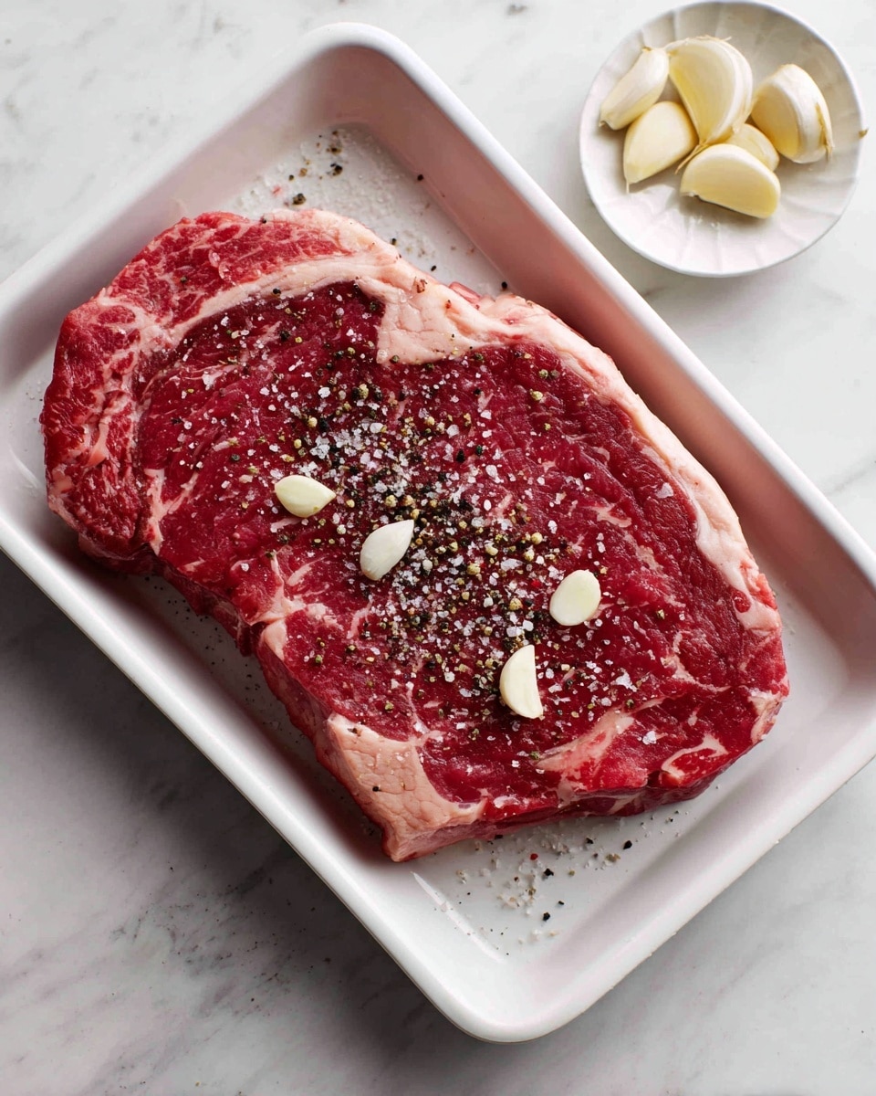 A large, raw red steak with white marbling sits flat in a white tray. The steak is seasoned with coarse black pepper and salt, and small pieces of garlic are scattered on top. Next to the tray, on a white marbled surface, there is a small white dish holding several peeled garlic cloves. Photo taken with an iphone --ar 4:5 --v 7