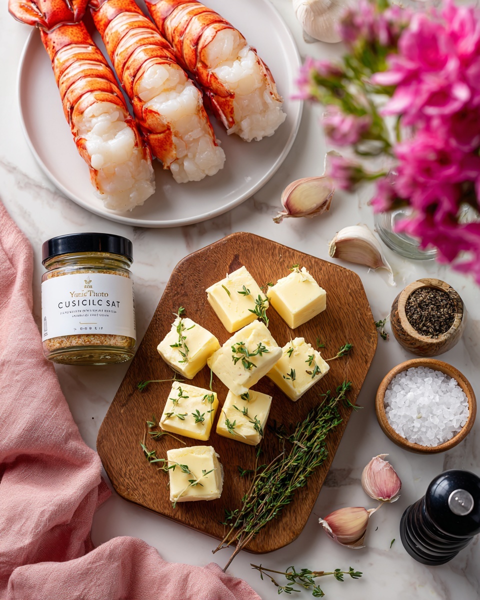 The image shows a white marbled surface with a wooden cutting board in the center. On the cutting board, there are several cubes of pale yellow butter topped with fresh green rosemary and thyme sprigs. To the top left, there is a white round plate with three cooked lobster tails, their shells showing red and white layered colors and a smooth texture. Below the cutting board is a small jar of spice labeled
