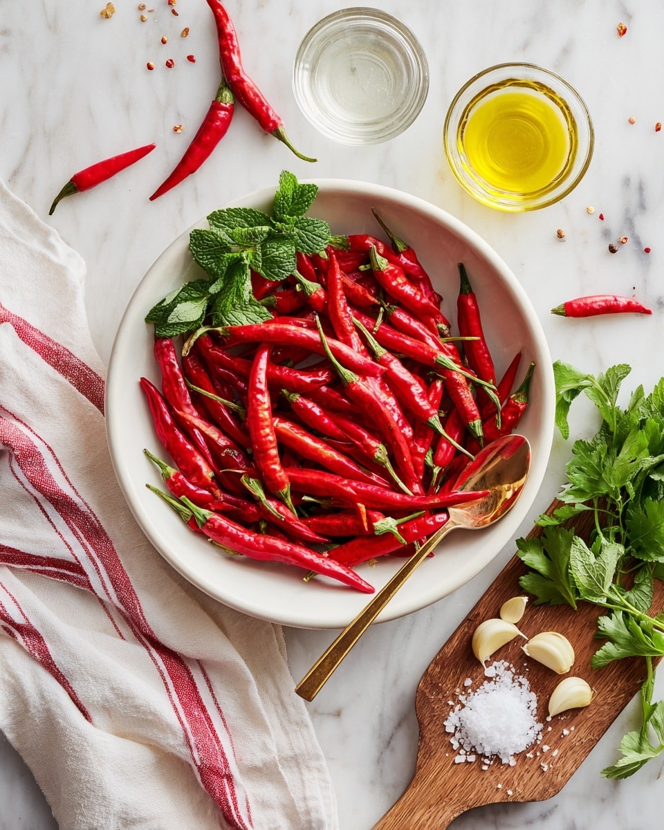 A white bowl sits in the middle filled with many red chili peppers, topped with a small bunch of fresh green mint leaves on one side. Below the bowl is a small wooden board holding five peeled garlic cloves and a gold spoon filled with coarse white salt. To the right of the board is a bunch of bright green cilantro leaves. Above the bowl, there is a small clear glass jar of yellow oil and an empty small clear glass. Scattered around are a few more red chili peppers. To the left of the bowl is a white cloth with red stripes and a small green mint sprig. All items rest on a white marbled surface. Photo taken with an iphone --ar 4:5 --v 7
