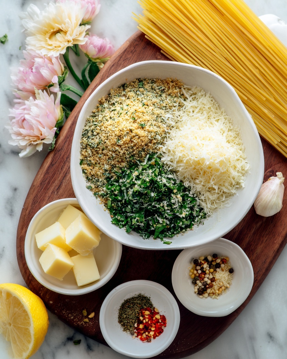 A white bowl in the center filled with raw marinated chicken pieces, light brown with red specks, sits on top of a dark wooden board placed on a white marbled surface. Around it, there are several bowls and small containers: to the left, a white bowl with chopped green herbs, a blue bowl with coarse white breadcrumbs, and a green bowl overflowing with grated white cheese. Above the chicken is a white bowl holding small square pieces of pale yellow butter. To the right, a large white bowl contains wooden skewers. Three small white bowls with herbs and spices—green, yellow minced garlic, and red pepper flakes—are neatly lined up along the bottom right edge of the wooden board. Yellow lemons and pink flowers in white small vases add bright color, scattered on the surface. Photo taken with an iphone --ar 4:5 --v 7