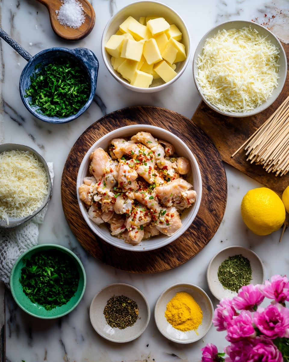 The image shows a white bowl on a dark wooden board with three visible ingredient layers: a top layer of mixed dry spices and breadcrumbs with a beige and green texture, a middle pile of finely chopped fresh green herbs, and a bottom area filled with grated white cheese. Around the bowl, there is a small white bowl with chunks of pale yellow butter, a white bowl with three types of seasonings in small sections including minced garlic, black pepper, and red chili flakes, a whole lemon and sliced lemon wedges, and a round white plate holding uncooked spaghetti sticks. The background is a white marbled surface with soft pink flowers on the sides. The overall scene feels bright and fresh, with a focus on the ingredients. photo taken with an iphone --ar 4:5 --v 7