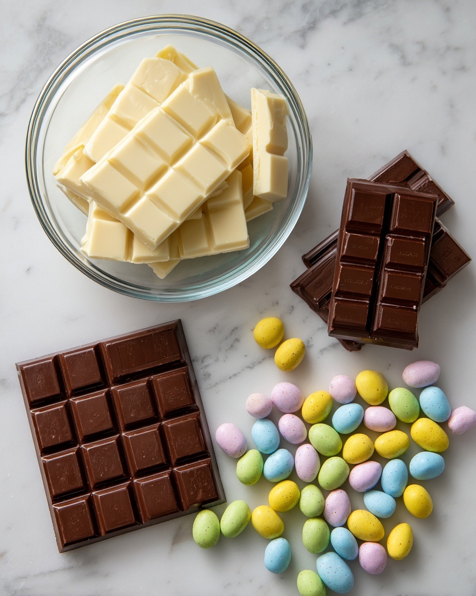 This image shows three groups of candy and chocolate on a white marbled surface. At the top left, there is a clear glass bowl filled with pieces of white chocolate, stacked in layers with smooth and slightly shiny texture. To the bottom left, there are two bars of dark brown chocolate, each bar with rectangular sections and fine lines, one smaller bar placed on top of a larger bar. On the right side, there is a scattered group of small, egg-shaped candy coated in pastel colors including yellow, green, blue, and pink, showing a matte texture. photo taken with an iphone --ar 4:5 --v 7