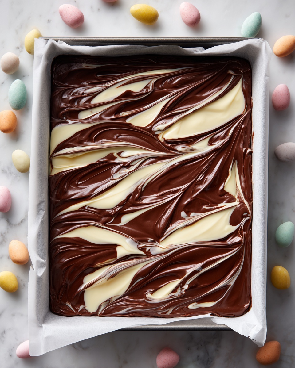 A baking tray lined with white parchment paper holds a layer of smooth, glossy dark brown chocolate spread evenly across the surface with some uneven edges. On top of this dark chocolate base, there are irregular swirls and mixings of creamy white chocolate layered in thick, uneven streaks that cross over the middle of the tray. The background shows a white marbled texture surface with scattered small pastel-colored oval candies. The scene is bright and clean, with no other food items in the tray. photo taken with an iphone --ar 4:5 --v 7