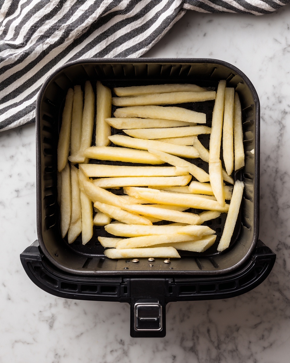 A small white ceramic bowl filled with many thick, crispy fries stacked high. The fries have a mix of golden brown and darker crispy edges, with some skin left on, showing a rough texture. Small grains of salt are scattered on top, adding a slight sparkle. The bowl sits on a white marbled surface with natural light brightening the fries, making them look crunchy and hot. Photo taken with an iphone --ar 4:5 --v 7