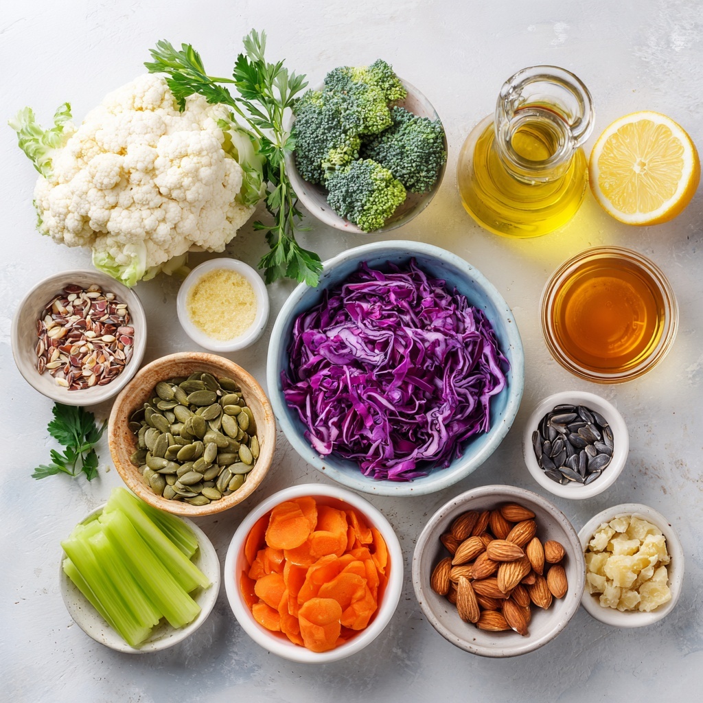 A large white bowl holds a colorful chopped salad with many layers mixed together, including small pieces of green broccoli, pale white cauliflower, orange carrot shreds, purple cabbage, and light green celery. There are also bits of mixed nuts like almonds and some dark dried fruits scattered throughout. Two shiny silver spoons are placed inside the bowl on the right side, resting on the white marbled surface. photo taken with an iphone --ar 4:5 --v 7