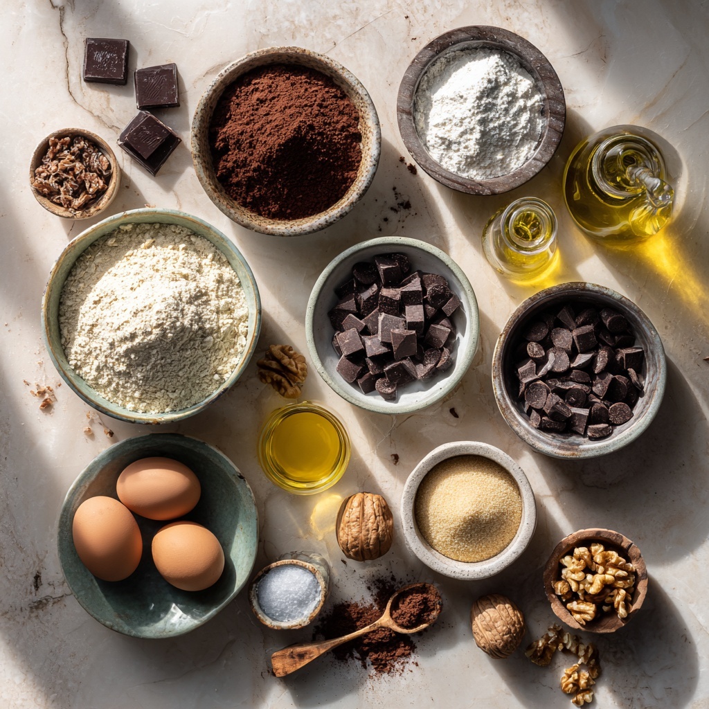 The image shows two white bowls on a white marbled surface. The top bowl is clear glass and contains a dry, crumbly light brown mixture with a whisk partially visible inside. The bottom white bowl holds a smooth, shiny dark brown liquid chocolate, with visible swirls and reflections on its surface. Photo taken with an iphone --ar 4:5 --v 7