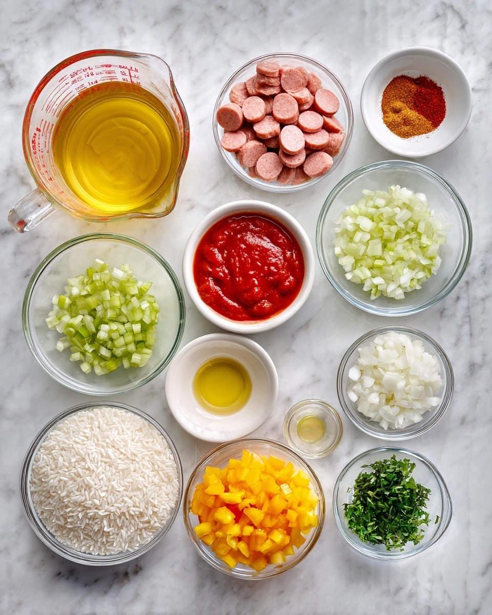 A stainless steel pan on a white marbled surface holds a colorful mix of vegetables and sausage slices. The first layer shows chopped orange carrots, red and yellow bell peppers, green celery, white onions, and small pieces of garlic piled in the pan with a light wooden spatula resting on top. The second image shows the same pan where the ingredients are cooked and mixed, creating a reddish-orange sauce covering the sliced sausage and steamed vegetables, with the spatula partially inside the mix. Photo taken with an iphone --ar 4:5 --v 7