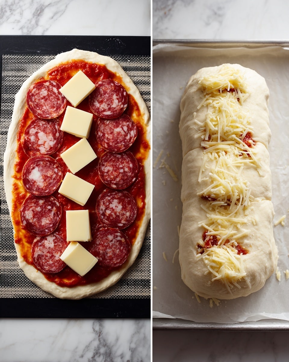 The left image shows a pizza dough stretched into an irregular oval shape on a black and white striped mat on a white marbled surface. The dough is topped with a layer of bright red tomato sauce, then a layer of round slices of cured meat with marbled red and white colors, followed by six square slices of pale yellow cheese arranged evenly to cover the meat. The right image shows the same dough folded and rolled into a log shape on a baking tray lined with white parchment paper on a white marbled surface. The dough is pale and smooth with three small, shallow cuts on top and some red sauce and cheese peeking out from one end. photo taken with an iphone --ar 4:5 --v 7