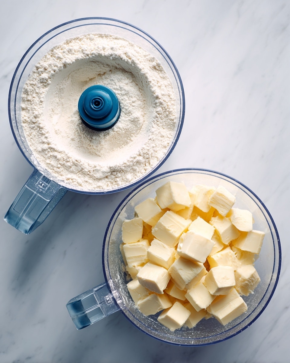The image shows two clear food processor bowls placed side by side on a white marbled surface. The bowl on the left contains a smooth layer of white flour evenly spread around the blade in the center. The bowl on the right shows the same white flour base but now with small cubes of pale yellow butter scattered on top, surrounding the blade. Both bowls have a transparent lid and a blue handle. The light is bright, highlighting the fine texture of the flour and the soft, firm texture of the butter cubes. photo taken with an iphone --ar 4:5 --v 7