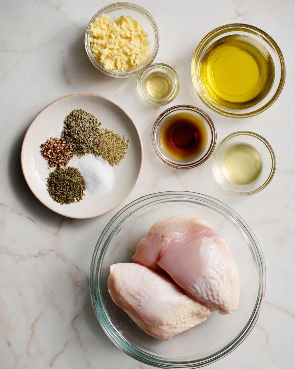 The image shows a white marbled surface with a glass bowl at the bottom holding two raw, light pink chicken pieces with a smooth texture. Above and to the right are seven small glass containers arranged roughly in a loose cluster: one has yellow mustard with a creamy texture, one has minced garlic with a coarse and wet texture, one has a light yellow liquid probably oil, one has a light pink liquid, one has a clear liquid, and another has a dark brown liquid. To the left of these jars is a small white plate with four different spices arranged in quarters, including coarse salt, black pepper, green dried herbs, and a brown spice. Photo taken with an iphone --ar 4:5 --v 7