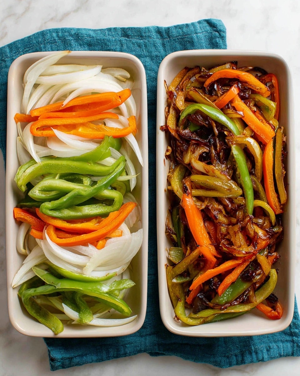 The image shows two white pans side by side on a white marbled surface with a blue cloth underneath each pan. The pan on the left contains raw sliced vegetables in three layers: white onion slices with a translucent texture, bright orange bell pepper strips that are smooth, and green bell pepper strips placed on top, all thinly sliced and fresh. The pan on the right shows the same vegetables cooked with a darker, glossy look; the onions are now soft and caramelized with a slight brown color, while the orange and green bell peppers have softened and taken on a deeper, richer color with some charred edges. photo taken with an iphone --ar 4:5 --v 7
