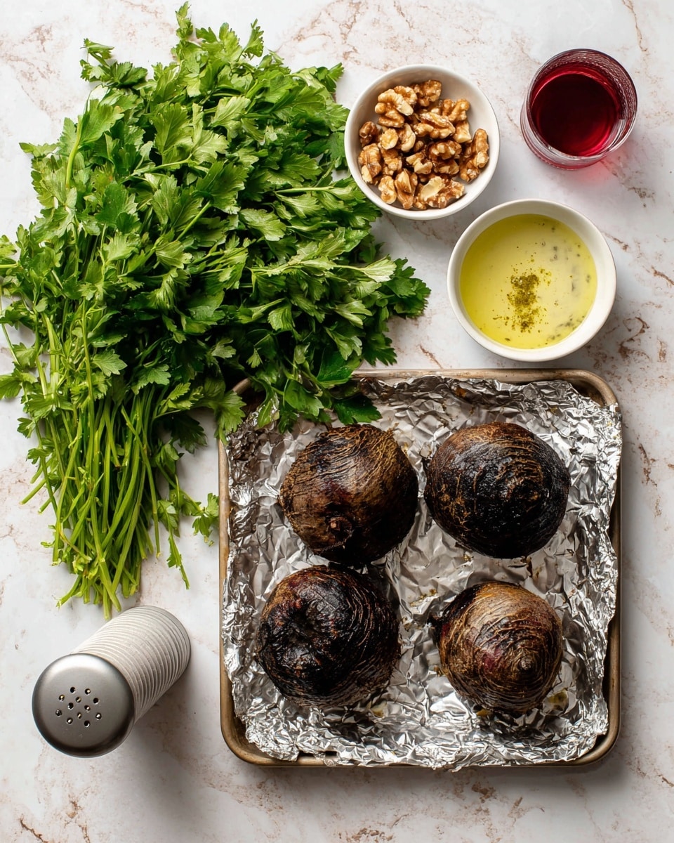The image shows four roasted beets with a dark, rough, and slightly burnt skin placed on a foil-lined tray on the right side. To the left of the tray is a large bunch of fresh green parsley with leafy texture. Above the parsley are three small white bowls: one with walnuts that are light brown and textured, one with a yellow mustard and honey mixture, and one with a light greenish-yellow sauce. Near the top right is a small glass of reddish liquid next to a white jar with salt. On the far left is a gray pepper grinder. All items are placed on a white marbled textured surface. Photo taken with an iphone --ar 4:5 --v 7