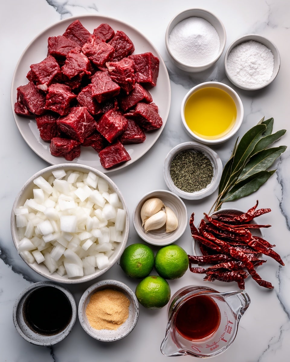 The image shows many bowls with ingredients for cooking, all placed on a white marbled surface. Starting from the left side, a white plate contains many pieces of raw beef cut into cubes, showing red meat with white fat streaks. Below it, a large bowl holds chopped white onions, cut into small square pieces. Above the onions is a small white bowl with clear cooking oil, and next to it is another small white bowl with white powder, likely flour. Moving right, a small bowl has dried large dark red chili peppers with wrinkled texture. Next to this is a small bowl with green dry herbs. Below that bowl is a small one with garlic slices, pale and smooth, and beside it another small bowl holds a reddish thick paste. Next to that is a round green lime, and two half lime pieces show fresh juicy green inside. Below the limes is a small bowl filled with a light yellow powder, and below that are two dark green bay leaves on a small white plate. Next to the bay leaves are bright red small dried chili peppers. On the bottom right side, a clear measuring cup contains dark reddish-brown liquid, and beside it is a carton of cooking cream tilted slightly forward. Photo taken with an iphone --ar 4:5 --v 7