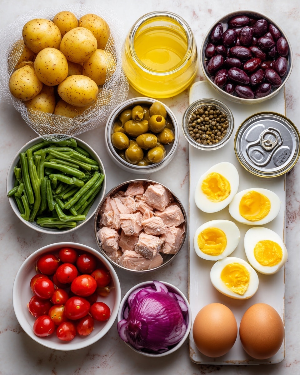 An oval white plate on a white marbled texture surface holds a colorful layered salad arranged in sections. Starting at the top left, there is a bunch of bright green green beans with a shiny, slightly oily texture. To the right of the green beans, there are halved red cherry tomatoes with a juicy, glossy look, mixed with green capers scattered on top. Next to the tomatoes, light brown chunks of tender cooked meat are placed, sprinkled with more capers. Below the meat and tomatoes, halved small yellow potatoes with a slightly rough skin and a sprinkle of black pepper are arranged. Mixed within the potatoes are wedges of hard-boiled eggs showing bright yellow yolks and white edges, also sprinkled with pepper. On the bottom left corner, dark purple olives with a smooth matte skin are placed next to thinly sliced red onions with a translucent texture. Additional eggs are scattered among the olives and onions. The whole plate looks fresh, vibrant, and lightly seasoned with a touch of olive oil and black pepper. Photo taken with an iphone --ar 4:5 --v 7