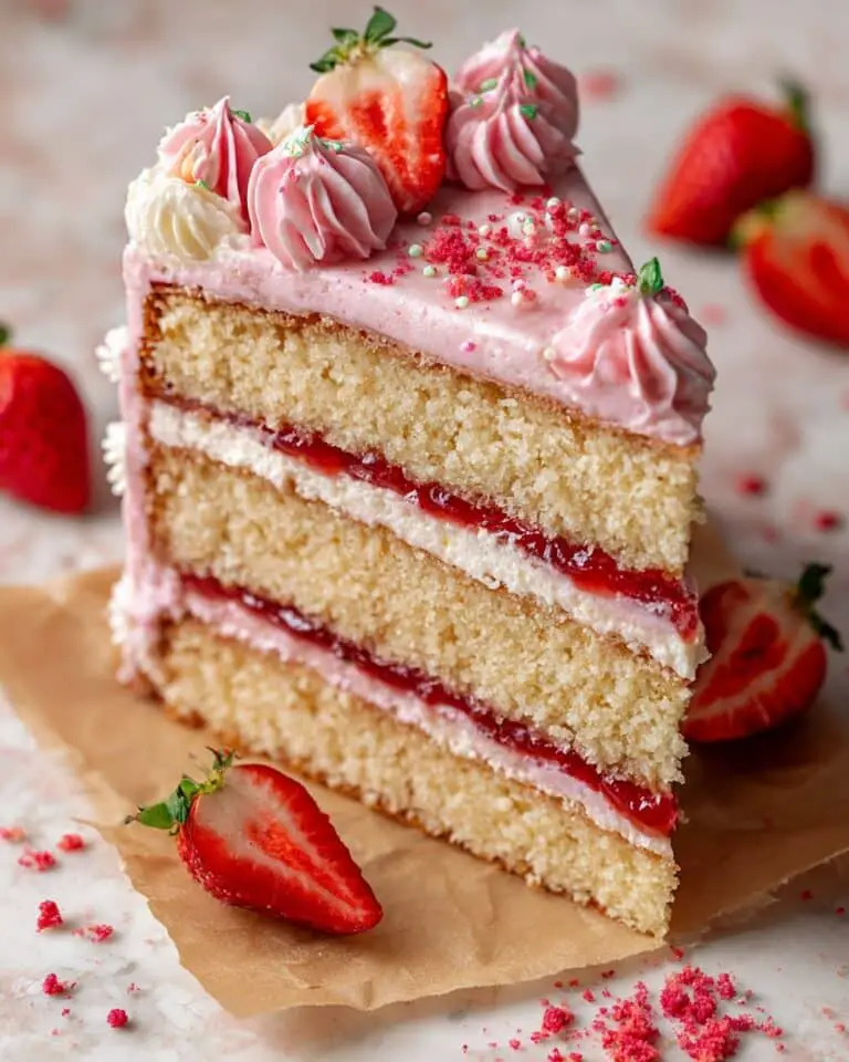 Strawberry Layer Cake with Fresh Strawberry Filling and Buttercream Recipe