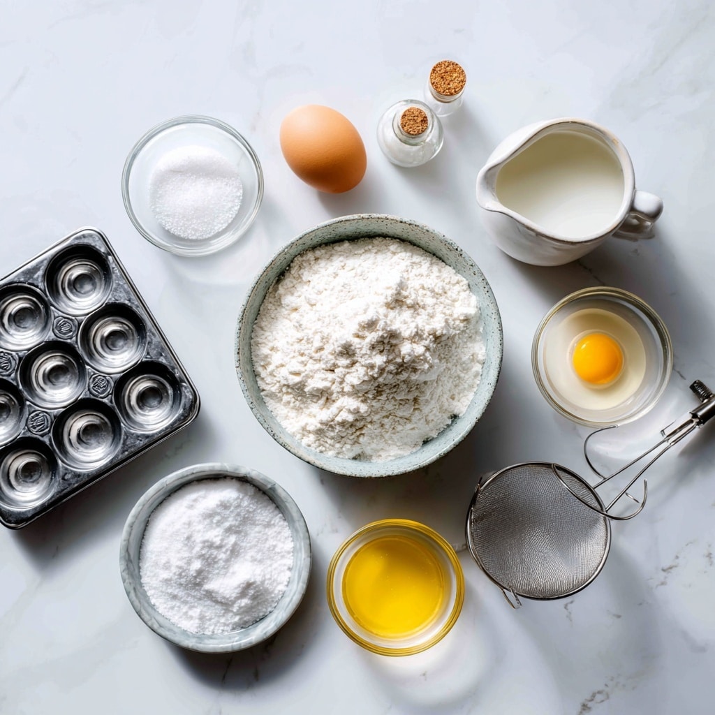 A black muffin tray with twelve cups sits on a white marbled surface. Eight of the cups are filled about three-quarters full with smooth, pale beige batter that has a slightly glossy texture. The batter fills each cup evenly, with rounded edges matching the flower-like shape of the cups. The remaining four cups are empty but show a thin coating of a light yellow substance, possibly butter, spread inside, creating a slight shine and visible brush marks. The tray has a clean, modern look with the brand name