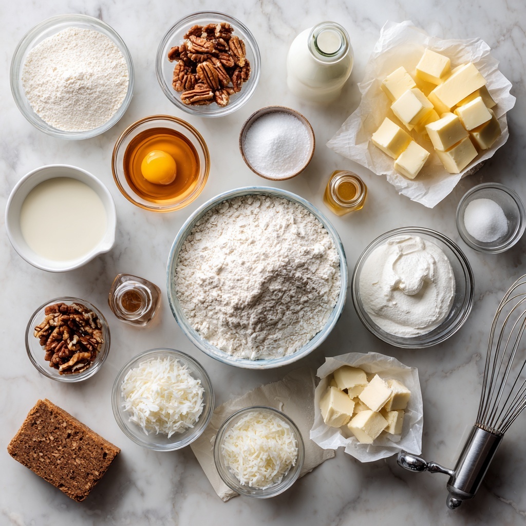 A slice of three-layer light beige cake with small pieces of pecans inside sits on a white speckled plate with a brown rim, each cake layer separated by a smooth layer of light cream frosting. The outside of the slice is fully covered with the same cream frosting and some chopped pecans decorate one side near the base. There are scattered pecans around the plate on a white marbled surface. In the blurred background, there are bowls filled with pecans and shredded coconut, along with an out-of-focus white cloth. photo taken with an iphone --ar 4:5 --v 7