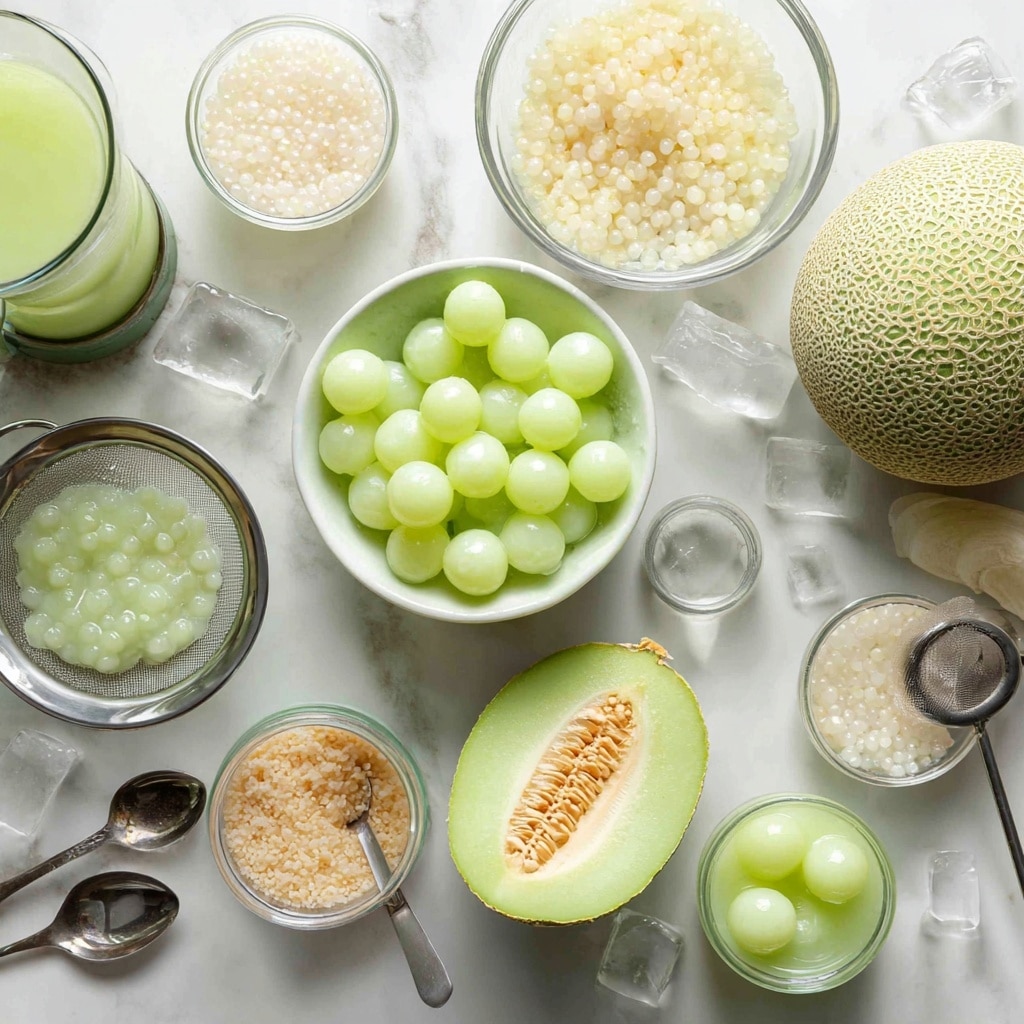 The image shows a process of making melon balls. On the left side, a woman's hand holds a half melon with a smooth, light green interior, while another woman's hand uses a black-handled melon baller to scoop out round melon balls from the fruit. The surface below is a white marbled texture. On the right side, multiple bright green melon balls fill a white speckled bowl with a smooth round shape and a small pouring spout, sitting on the same white marbled surface. The light highlights the shiny and moist texture of the melon balls. photo taken with an iphone --ar 4:5 --v 7