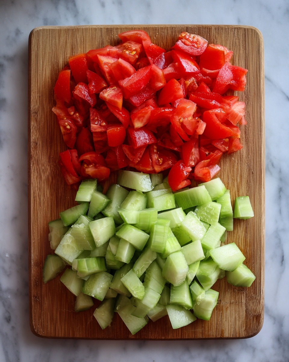 A wooden cutting board placed on a white marbled surface holds two separate piles of chopped vegetables arranged in two layers: the top layer is made up of bright red tomato pieces with a juicy texture, while the bottom layer consists of pale green cucumber cubes with darker green skin still visible, offering a fresh and crisp look. photo taken with an iphone --ar 4:5 --v 7