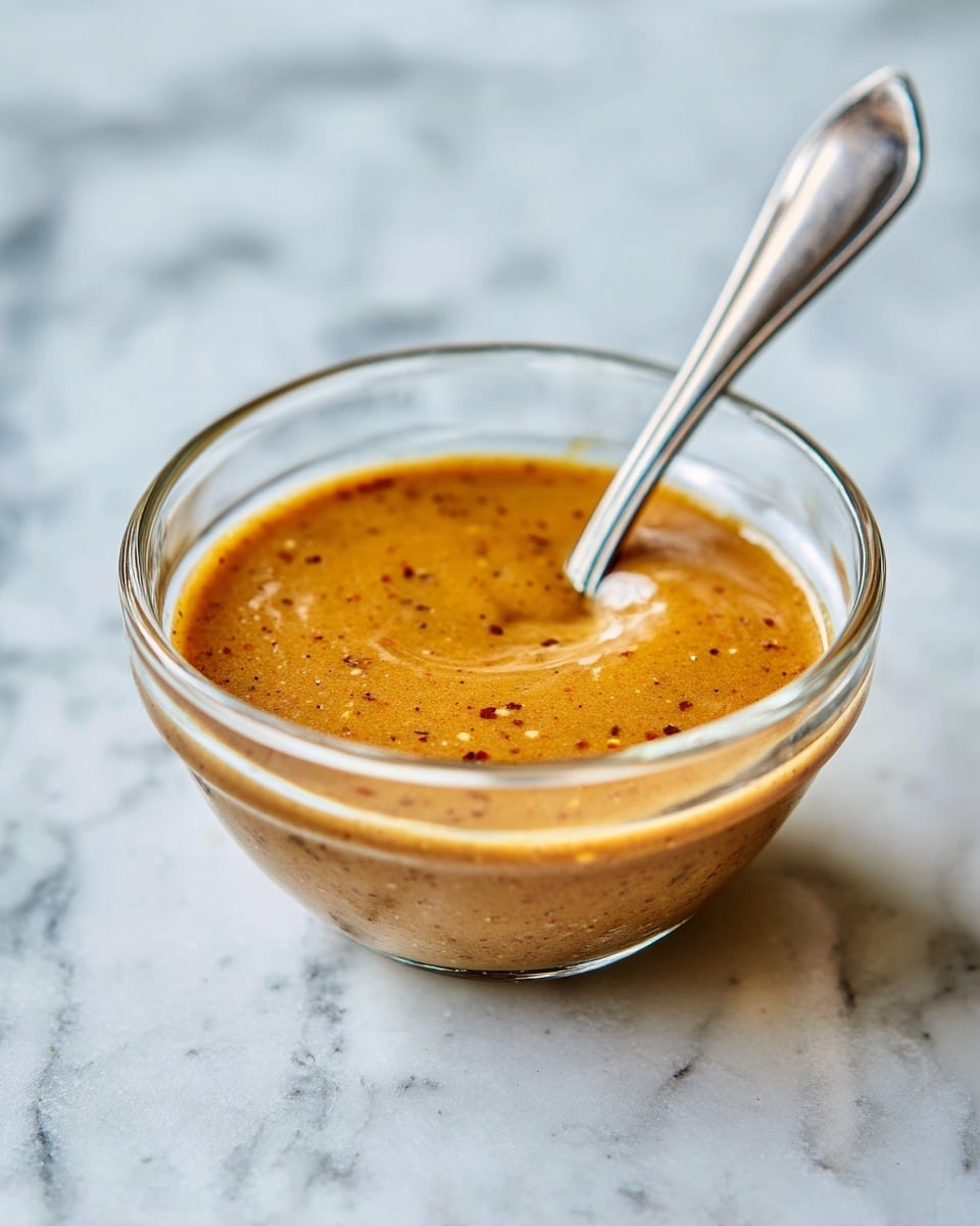 A small clear glass bowl filled with smooth, light brown sauce with tiny darker specks, with a silver spoon placed inside the bowl, on a white marbled surface photo taken with an iphone --ar 4:5 --v 7