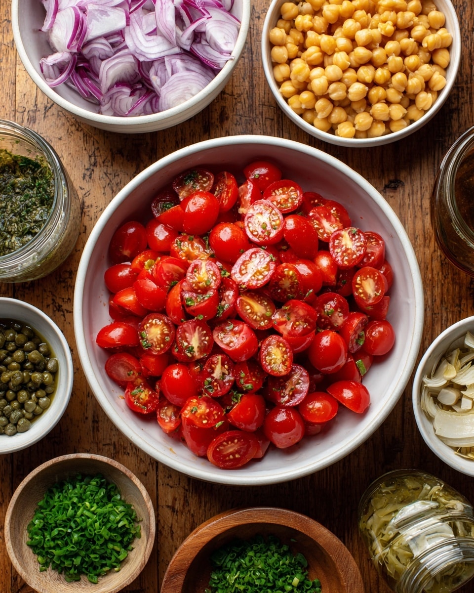 A large white bowl filled with a colorful salad showing three main layers: the bottom layer with light yellow chickpeas, the middle layer with bright red cherry tomato halves and pale yellow artichoke quarters placed on top, and the top layer sprinkled with thin, curvy slices of light purple-red onion and green chopped herbs scattered evenly throughout. The bowl is set on a white marbled surface with a small white bowl of chopped green herbs nearby and a blurred bowl of spinach leaves in the background. photo taken with an iphone --ar 4:5 --v 7