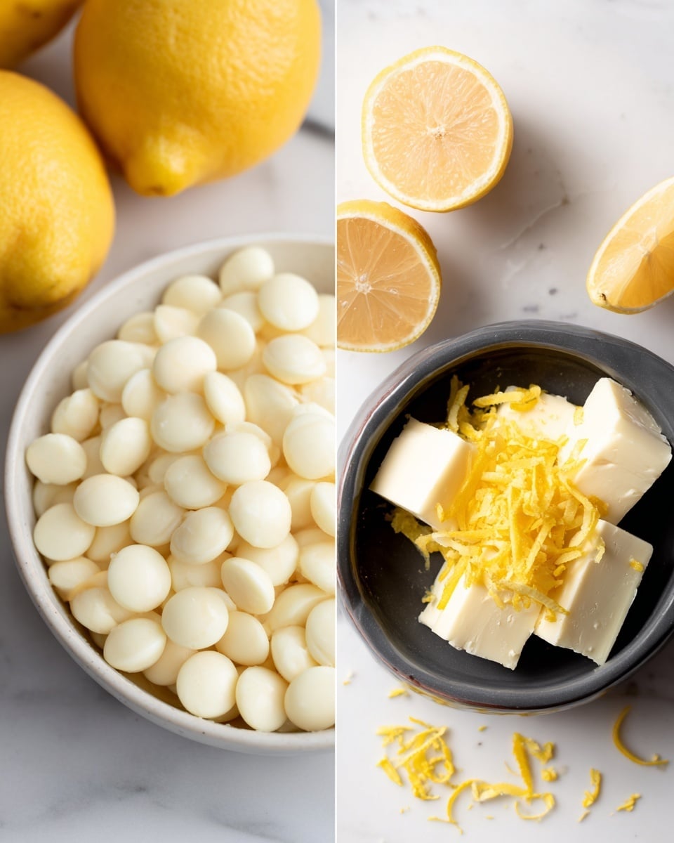 The image shows two metal bowls with smooth yellow lemon cream inside, both placed on a white marbled surface. The left bowl holds a thick, creamy lemon mixture with a silver spoon inside, the texture swirled in soft peaks. The right bowl contains a similar lemon cream but slightly more liquid, with a silver spoon lifting a small round scoop of the lemon cream above the surface. Around the bowls, there are whole lemons and lemon halves, adding a bright yellow contrast to the creamy mixture. The scene is bright and fresh, focused on the creamy lemon texture. Photo taken with an iphone --ar 4:5 --v 7