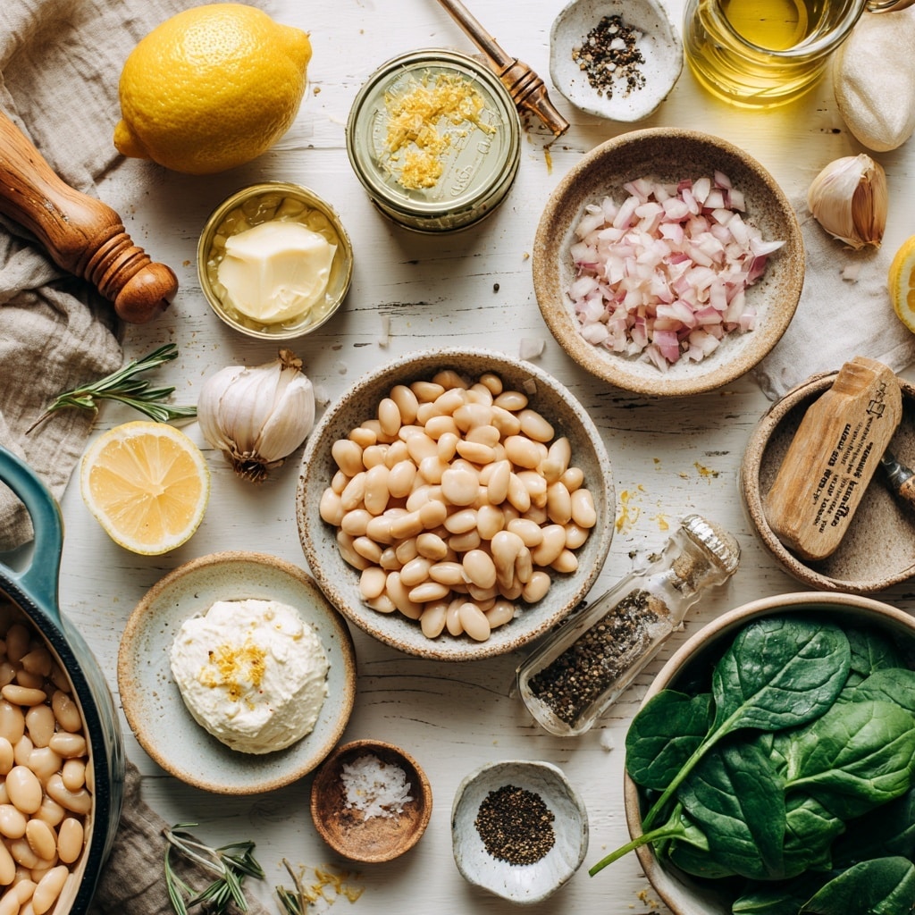 The image shows a large white pot filled with light yellow broth containing cooked white beans. In the center, there is a dollop of white creamy substance, likely sour cream or yogurt. The pot is sitting on a white marble surface, and part of a yellow cloth is visible on the top left side. The texture of the beans is soft with a bit of foam on the surface of the broth, and the inside of the pot is smooth and light cream colored. Photo taken with an iphone --ar 4:5 --v 7
