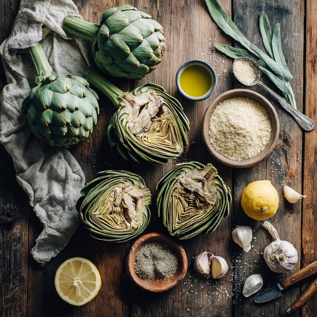 The image shows four halved artichokes in a white oval dish. Each artichoke half has layers of green outer leaves and light yellow inner leaves that are opened up like a flower. There is a single clove of garlic placed in the center of each artichoke half. The artichokes are topped with a light coarse powder, possibly breadcrumbs or grated cheese, and some green seasoning. The dish sits on a white marbled surface. photo taken with an iphone --ar 4:5 --v 7