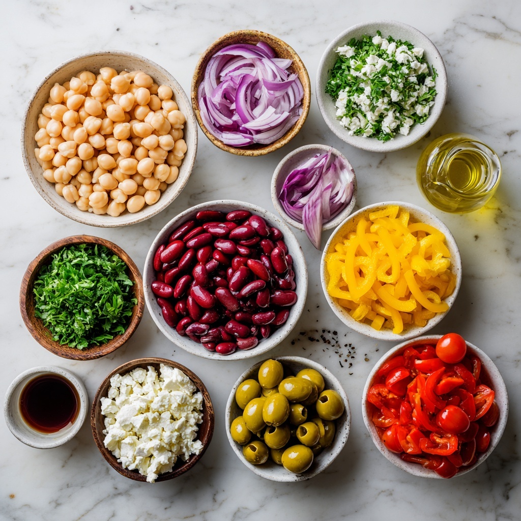 A white bowl filled with a colorful bean salad showing many layers: the base has light beige chickpeas and white beans, mixed with dark red kidney beans; scattered throughout are bright red and yellow cherry tomato halves, thin slices of purple onion, and small pieces of yellow bell pepper; black olives are cut into halves or slices and spread evenly, while chopped green parsley leaves are sprinkled on top, adding fresh green highlights. The bowl is placed on a dark surface with red flowers around it. photo taken with an iphone --ar 4:5 --v 7