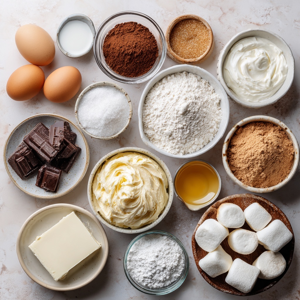 A clear glass bowl filled with creamy, rich chocolate frosting mixed with bits of toasted, dark brown marshmallow pieces. The frosting is thick with swirled textures and glossy highlights. In the background, on a white marbled surface, there are some toasted marshmallows and golden brown cupcakes, one of which is upside down resting on another cupcake. A dark red flower is slightly blurred in the background, adding a touch of color. The whole scene is lit by warm, natural sunlight, casting soft shadows. photo taken with an iphone --ar 4:5 --v 7