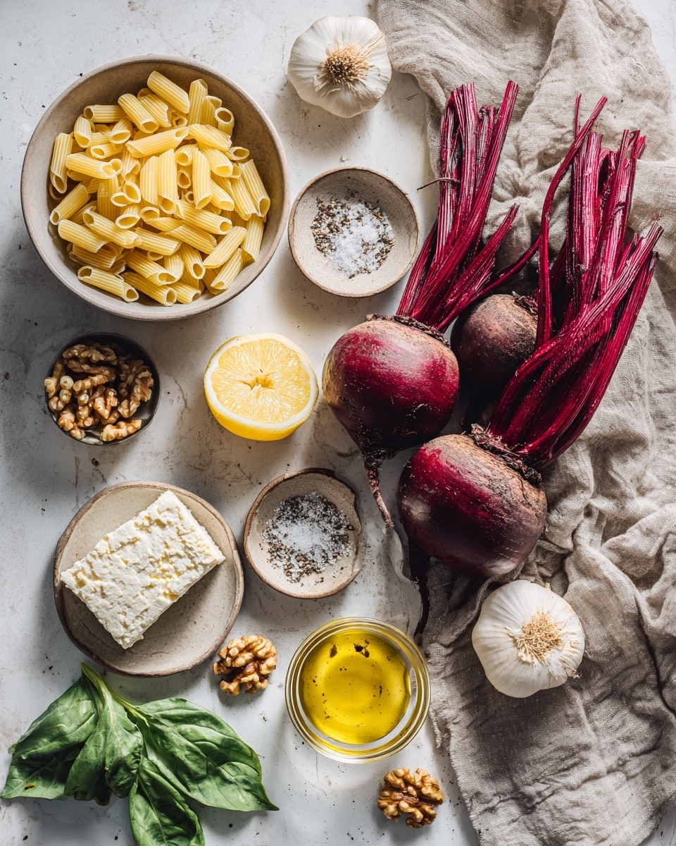 The dish shows bright pink pasta pieces laid out on a white plate, each piece thick and square-shaped with smooth, shiny surfaces. Scattered on top are small white cheese crumbles, rough and creamy in texture, along with several light brown walnut halves adding a crunchy element. Fresh green basil leaves are spread evenly across the pasta, giving a bright contrast in color. A small part of a yellow lemon and a beige cloth are visible around the plate, all placed on a white marbled surface. photo taken with an iphone --ar 4:5 --v 7