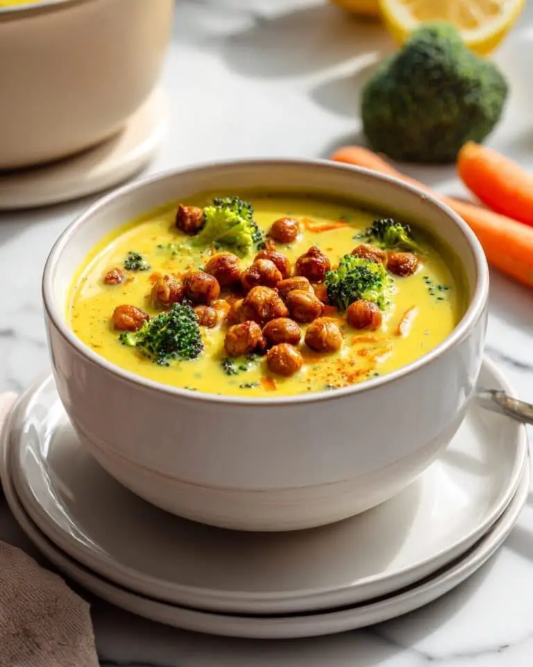 Vegan Broccoli Cheese Soup with Crispy Chickpeas Recipe
