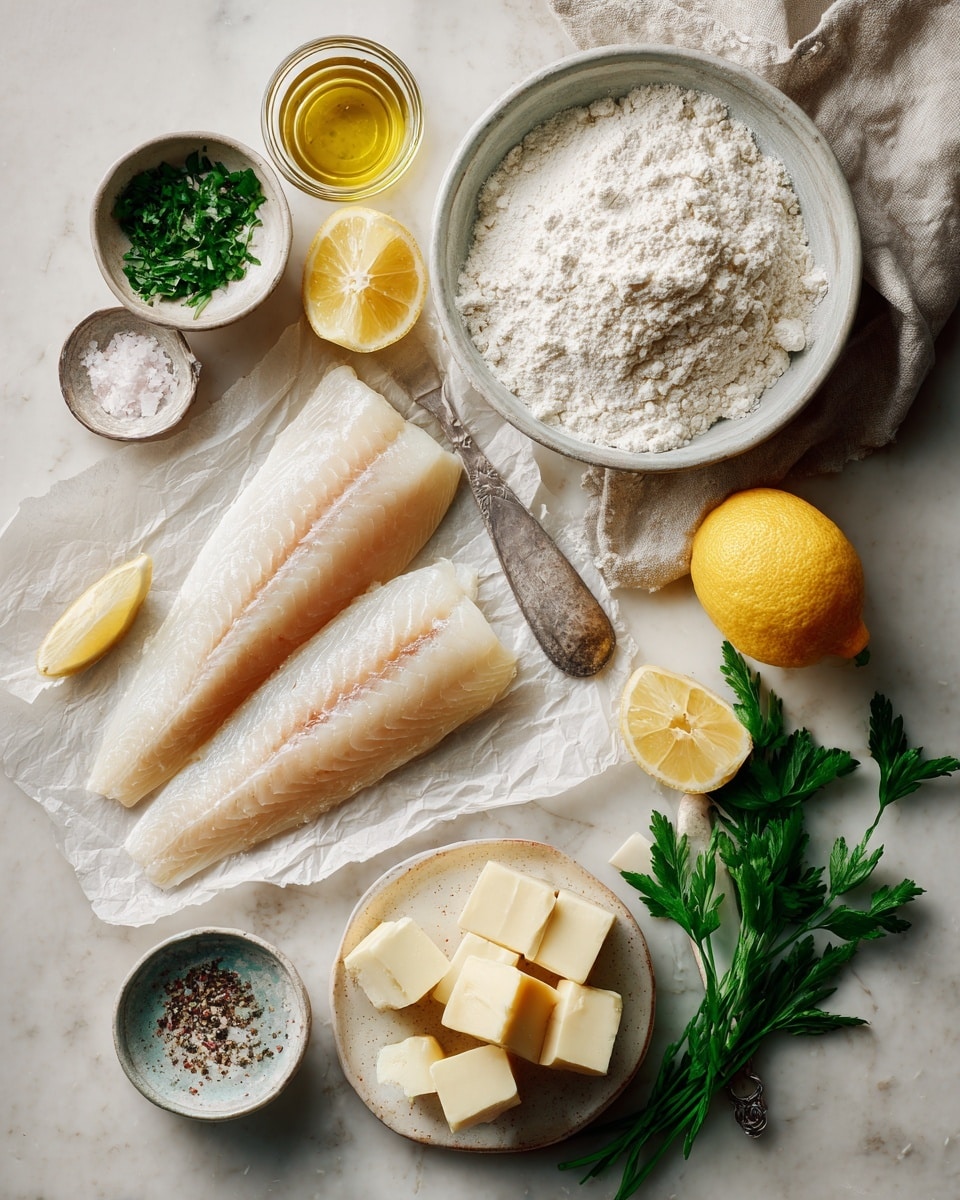 The image shows two close-up photos side by side. On the left side, there is a raw light beige fish fillet laying flat in a white bowl filled with white flour. The fish has a light sprinkle of black pepper on top, and the texture of the flour looks powdery. On the right side, the same fish fillet is cooking in a pan with bubbling light brown oil around it. The fillet has turned golden brown with a crispy, slightly rough texture and small black pepper spots. The pan surface is shiny and brown with bubbling oil that shows it's hot and cooking the fish well. Photo taken with an iphone --ar 4:5 --v 7