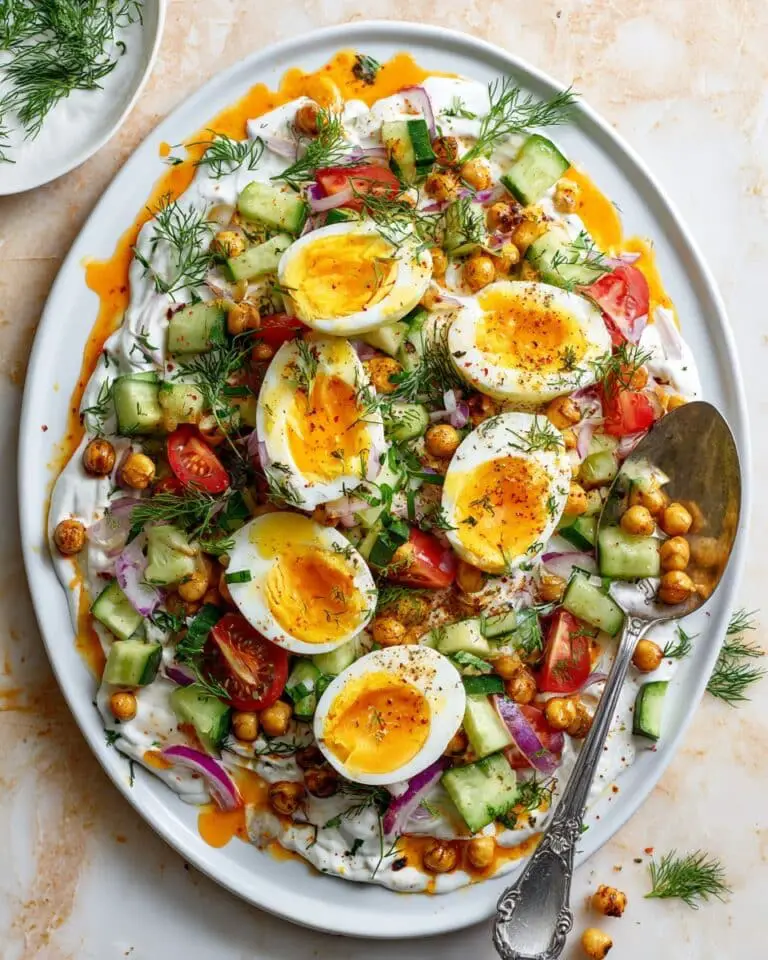 Spiced Chickpeas and Eggs with Herb Garlic Yogurt & Tomato Cucumber Salad Recipe