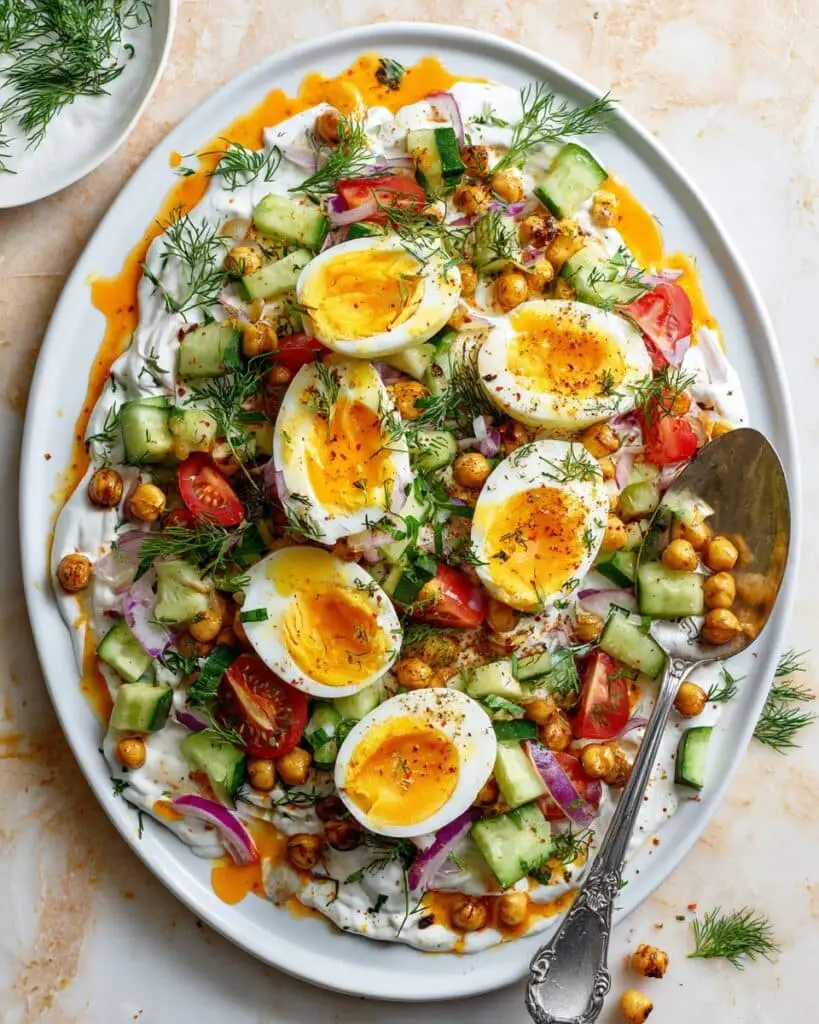 Spiced Chickpeas and Eggs with Herb Garlic Yogurt & Tomato Cucumber Salad Recipe