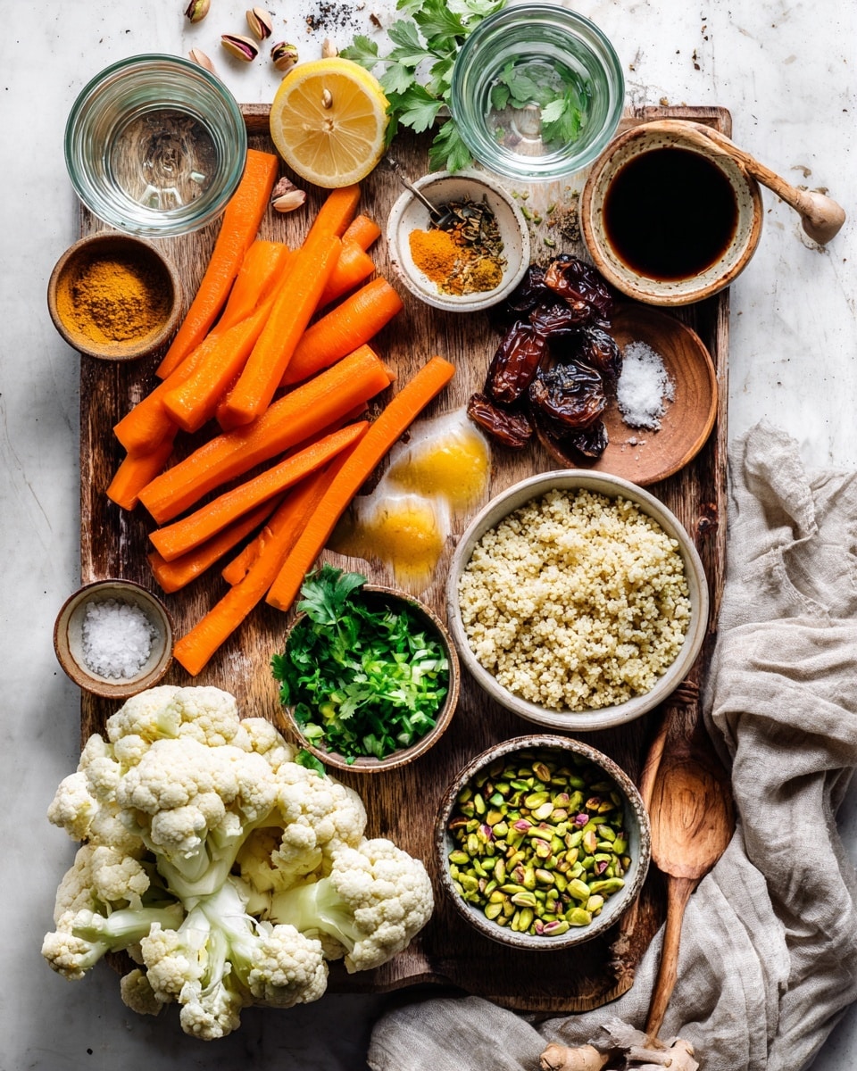 A large white oval plate holds a mixed layer of quinoa with small light beige and green grains covering the base. On top, bright orange carrot pieces and golden roasted cauliflower florets are scattered evenly. The vegetables are drizzled with a creamy yellow sauce and sprinkled with green herbs and chopped pistachio nuts, adding hints of dark green and brown. The plate sits on a white marbled surface next to a leafy green and a lemon wedge, with a white pitcher of extra sauce close by. Photo taken with an iphone --ar 4:5 --v 7