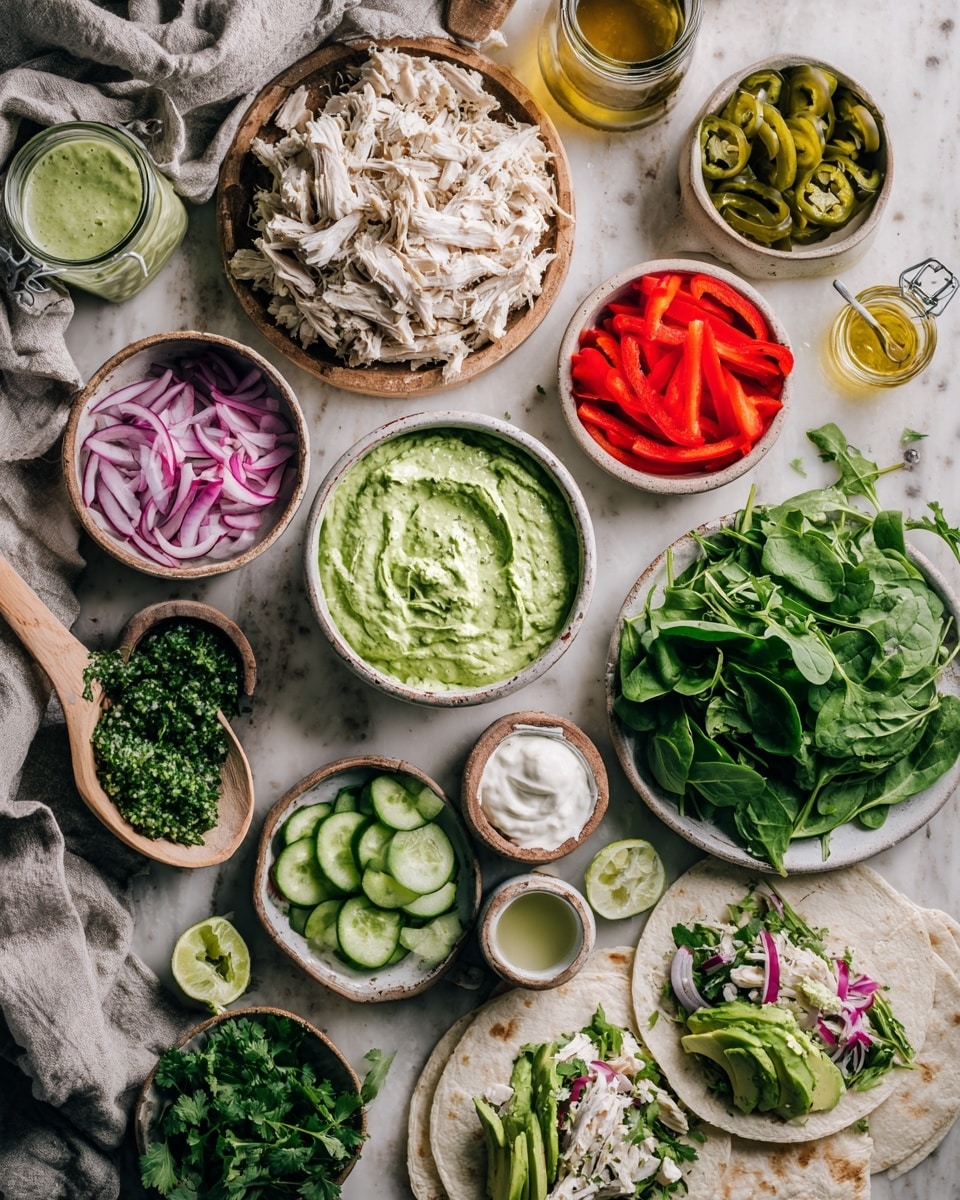 A bowl is filled with a creamy green mix made of small chunks covered in a pale green sauce with darker green herbs sprinkled on top, and a bronze textured spoon inside the bowl on the right side. Around the bowl, there are soft green tortillas folded on the bottom right, a halved avocado with the seed on the bottom left, scattered leafy greens above the avocado and to the right of the bowl, and a white plate with slices of red roasted peppers, rings of purple onion, jalapeño slices, avocado slices, and green onions on the top left. The surface is a white marbled texture. photo taken with an iphone --ar 4:5 --v 7